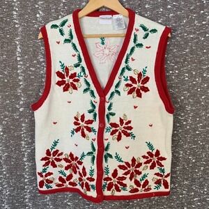 Bobbie Brooks Beaded Knit Christmas Sweater Vest Button Up Poinsettia Women's L